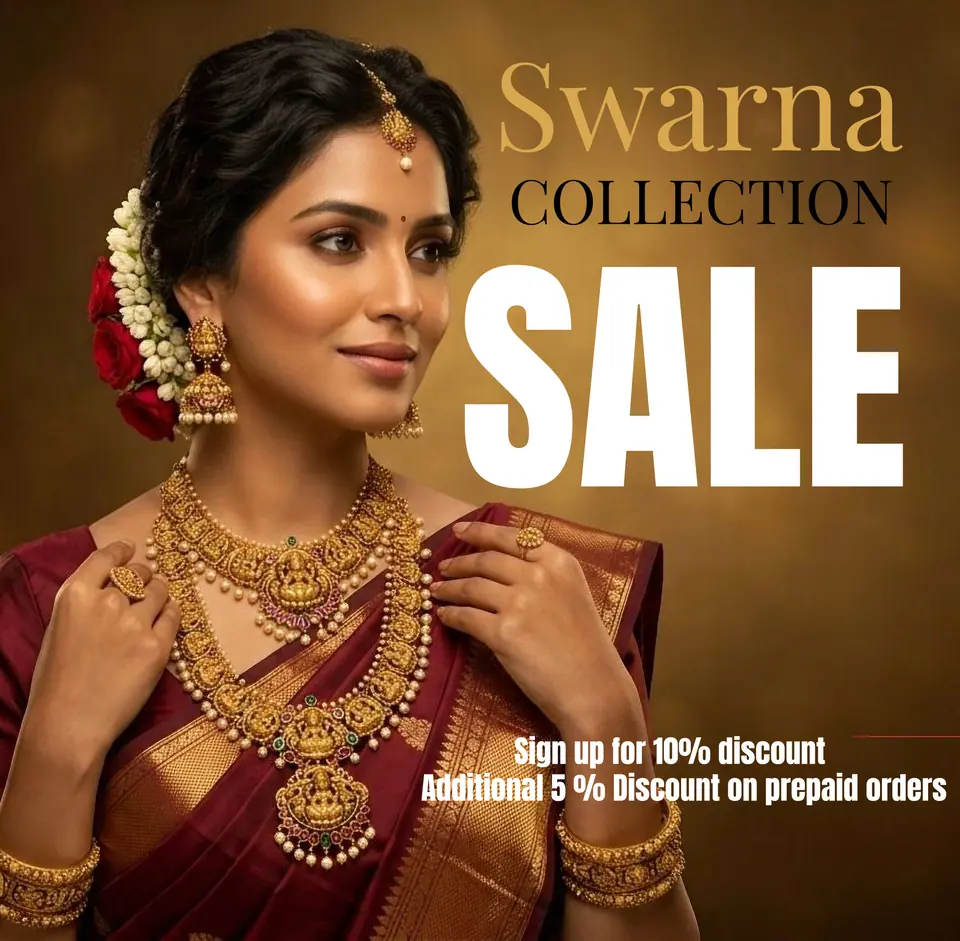 Swarna artificial jewellery sale banner featuring premium necklaces, earrings and festive styles