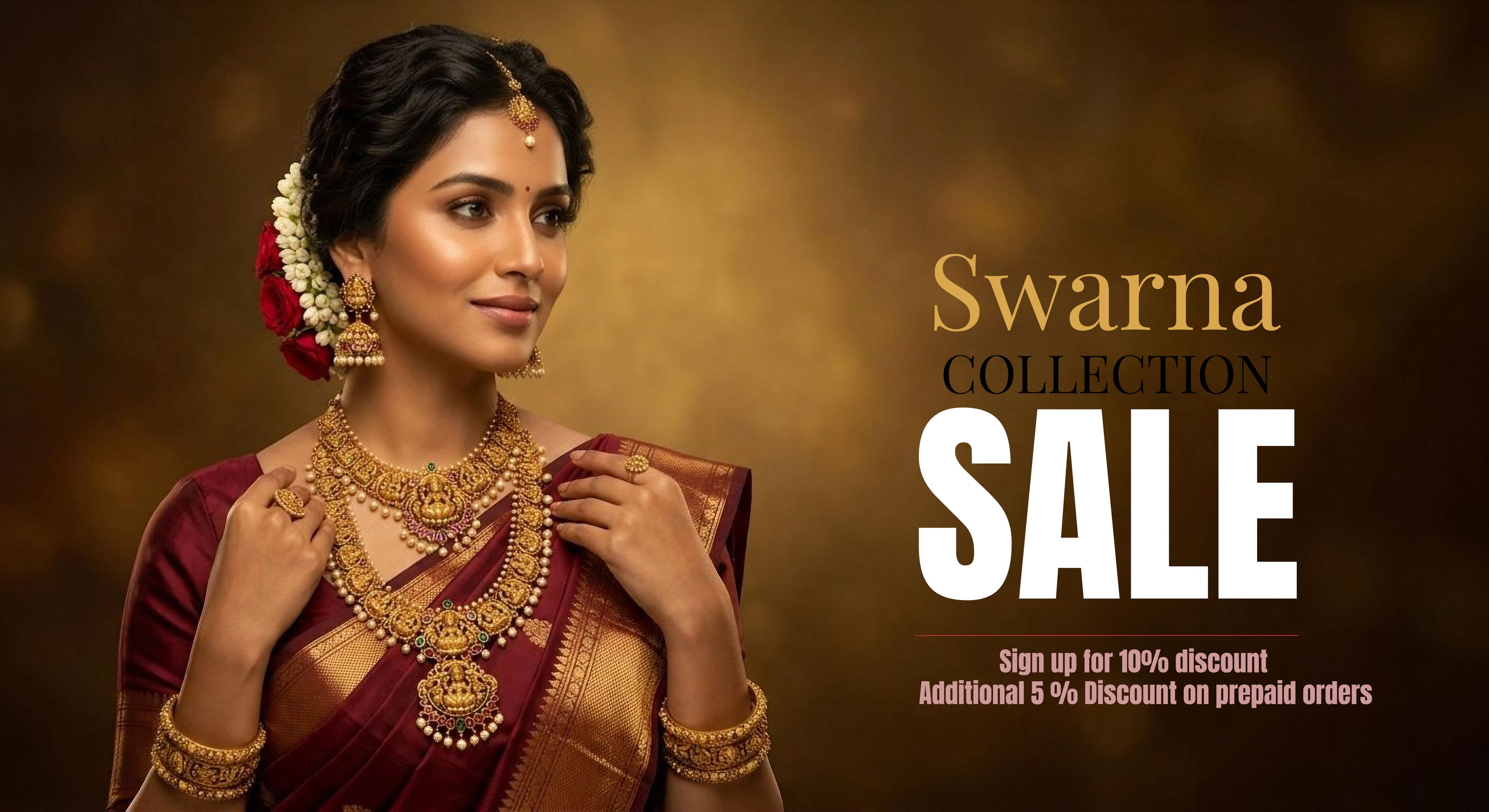 Swarna artificial jewellery sale banner featuring premium necklaces, earrings and festive styles