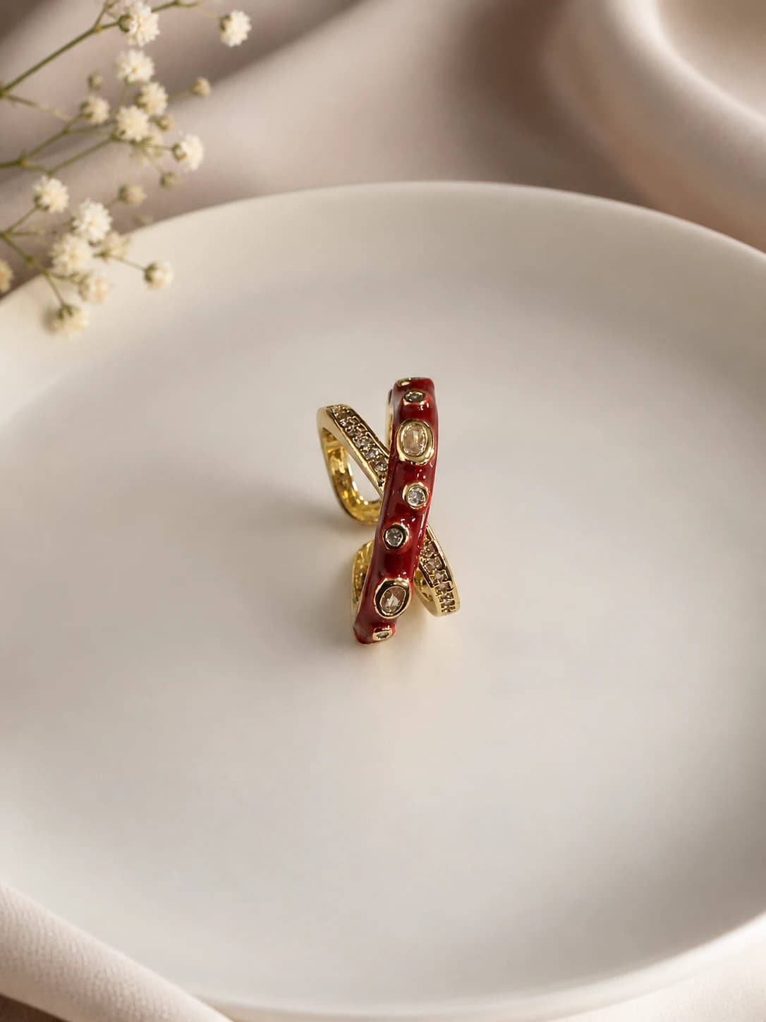 Red Enamel Crystal Crossover Ring artificial rings by Swarna