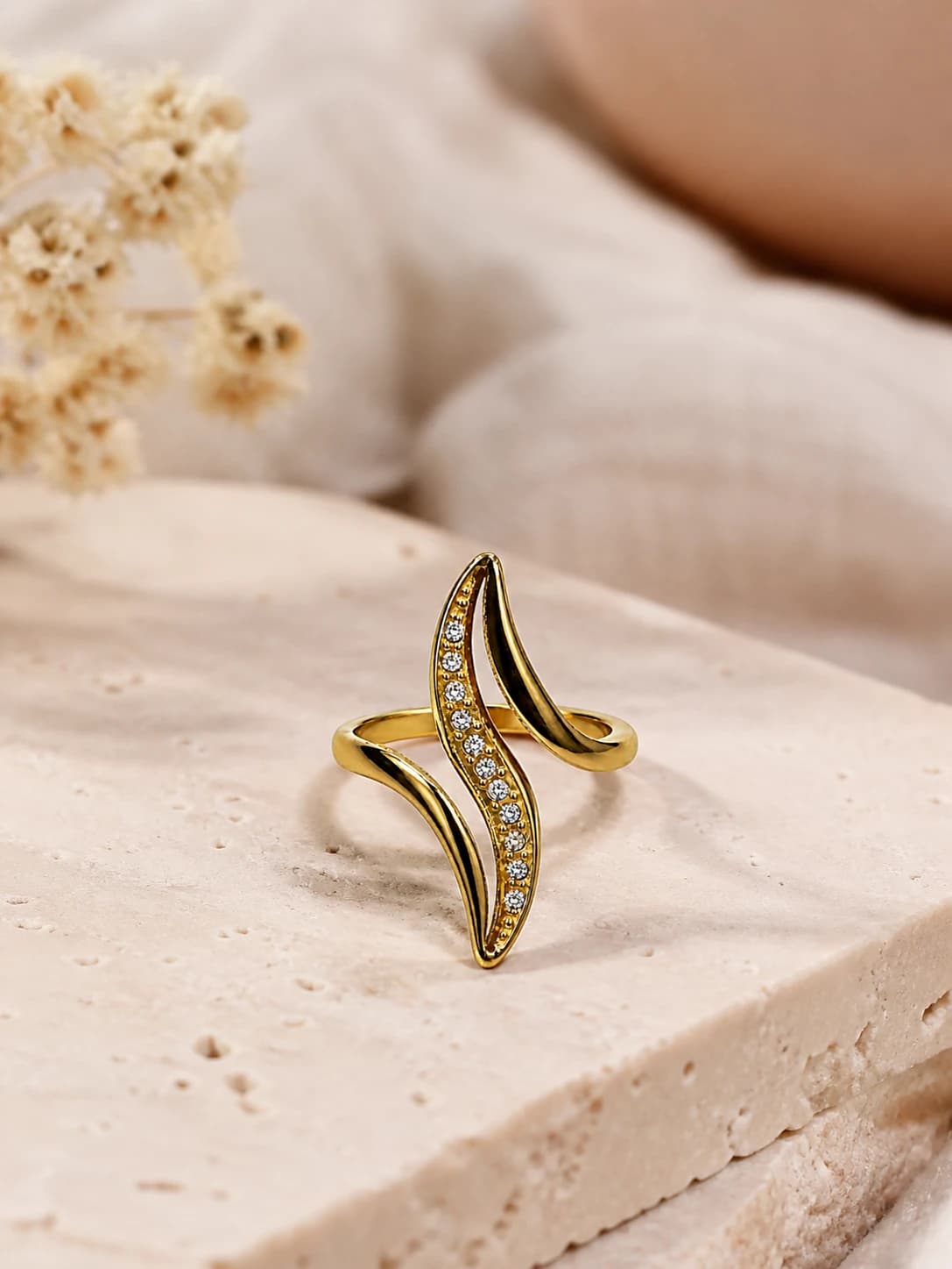 Gold Wave Crystal Open Ring artificial rings by Swarna
