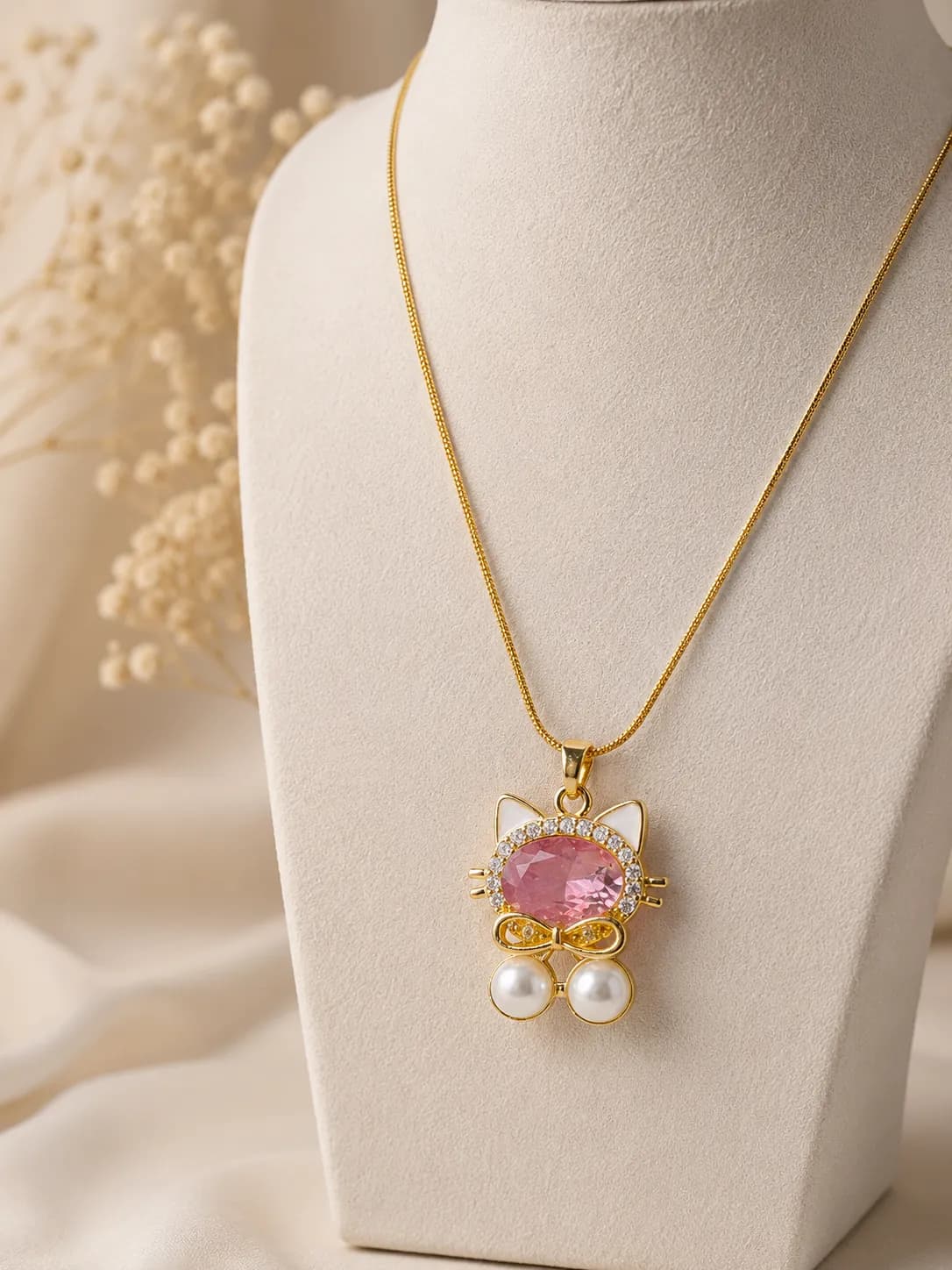 Pink Crystal Cute Cat Pendant Necklace artificial jewellery by Swarna