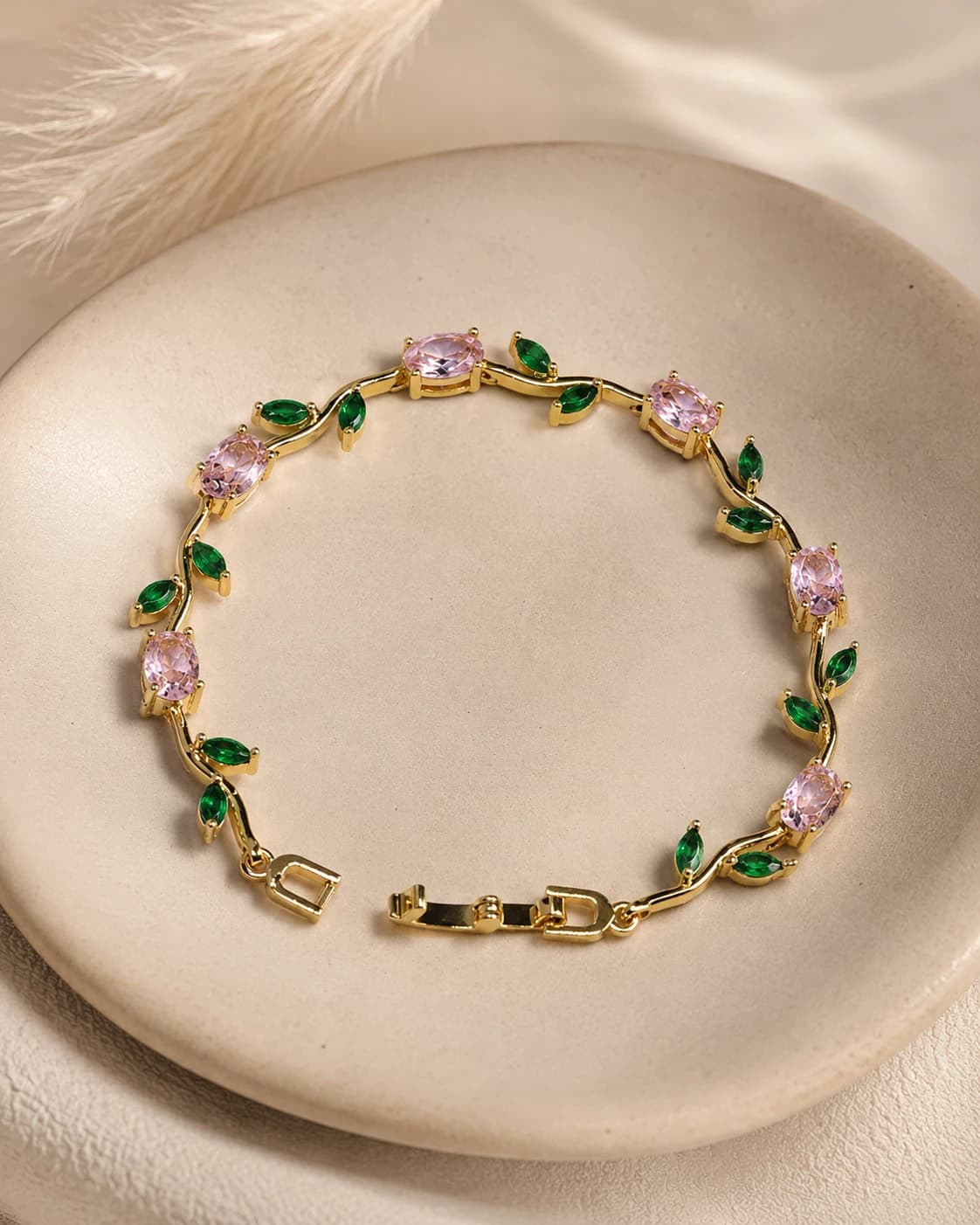 Viral Anti Tarnish Pink and Green Tulip Bracelet artificial jewellery by Swarna