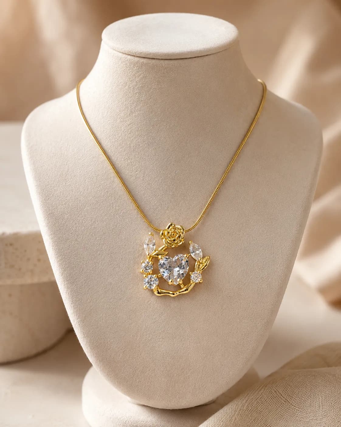 White Heart & Rose Floral Pendant Necklace artificial jewellery by Swarna