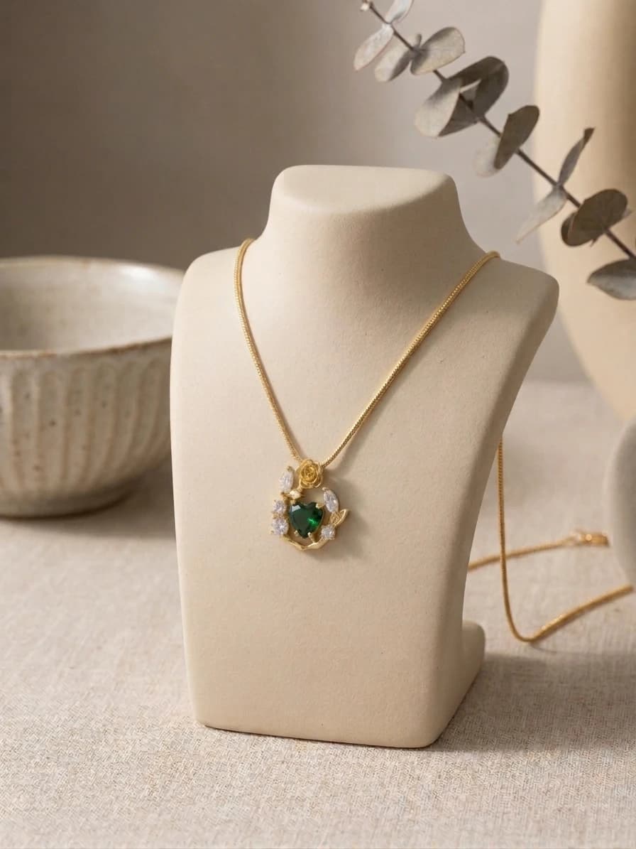 Green Heart & Rose Floral Pendant Necklace artificial jewellery by Swarna